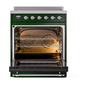 ILVE Nostalgie II 30-Inch Induction Range with 4 Induction Elements, 3.5 cu. ft. Oven, Emerald Green with Chrome Trim, Solid Door, UNI304QNMPEGC