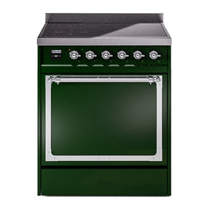 ILVE Nostalgie II 30-Inch Induction Range with 4 Induction Elements, 3.5 cu. ft. Oven, Emerald Green with Chrome Trim, Solid Door, UNI304QNMPEGC