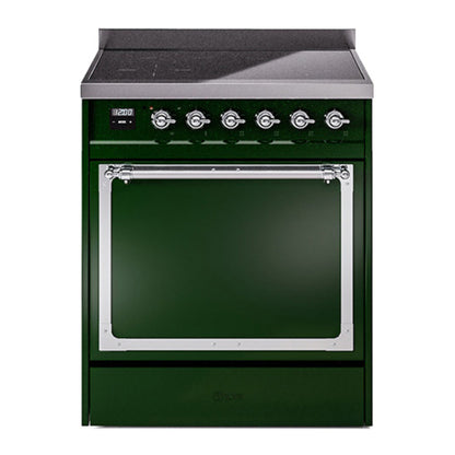 ILVE Nostalgie II 30-Inch Induction Range with 4 Induction Elements, 3.5 cu. ft. Oven, Emerald Green with Chrome Trim, Solid Door, UNI304QNMPEGC