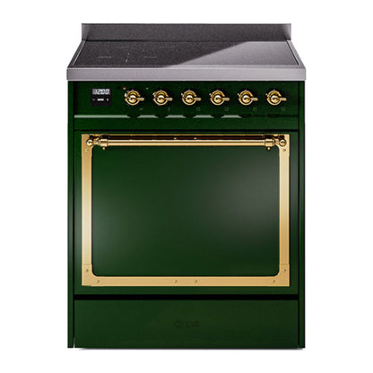 ILVE Nostalgie II 30-Inch Induction Range with 4 Induction Elements, 3.5 cu. ft. Oven, Emerald Green with Brass Trim, Solid Door, UNI304QNMPEGG