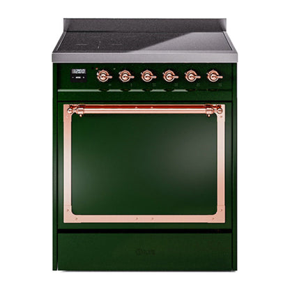 ILVE Nostalgie II 30-Inch Induction Range with 4 Induction Elements, 3.5 cu. ft. Oven, Emerald Green with Copper Trim, Solid Door, UNI304QNMPEGP