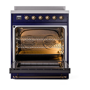 ILVE Nostalgie II 30-Inch Induction Range with 4 Induction Elements, 3.5 cu. ft. Oven, Midnight Blue with Burnished Trim, Solid Door, UNI304QNMPMBB