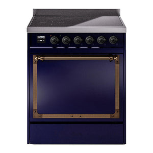 ILVE Nostalgie II 30-Inch Induction Range with 4 Induction Elements, 3.5 cu. ft. Oven, Midnight Blue with Burnished Trim, Solid Door, UNI304QNMPMBB