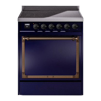 ILVE Nostalgie II 30-Inch Induction Range with 4 Induction Elements, 3.5 cu. ft. Oven, Midnight Blue with Burnished Trim, Solid Door, UNI304QNMPMBB