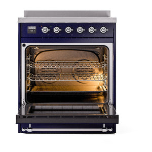 ILVE Nostalgie II 30-Inch Induction Range with 4 Induction Elements, 3.5 cu. ft. Oven, Midnight Blue with Chrome Trim, Solid Door, UNI304QNMPMBC