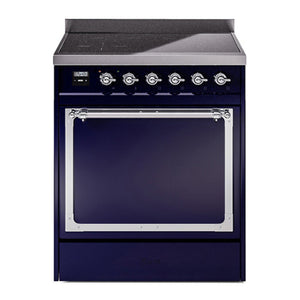 ILVE Nostalgie II 30-Inch Induction Range with 4 Induction Elements, 3.5 cu. ft. Oven, Midnight Blue with Chrome Trim, Solid Door, UNI304QNMPMBC