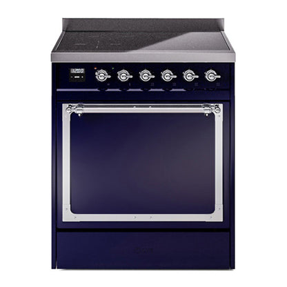 ILVE Nostalgie II 30-Inch Induction Range with 4 Induction Elements, 3.5 cu. ft. Oven, Midnight Blue with Chrome Trim, Solid Door, UNI304QNMPMBC