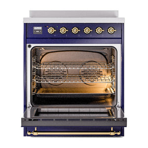 ILVE Nostalgie II 30-Inch Induction Range with 4 Induction Elements, 3.5 cu. ft. Oven, Midnight Blue with Brass Trim, Solid Door, UNI304QNMPMBG