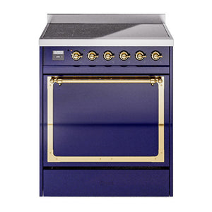 ILVE Nostalgie II 30-Inch Induction Range with 4 Induction Elements, 3.5 cu. ft. Oven, Midnight Blue with Brass Trim, Solid Door, UNI304QNMPMBG