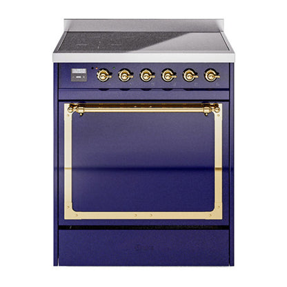 ILVE Nostalgie II 30-Inch Induction Range with 4 Induction Elements, 3.5 cu. ft. Oven, Midnight Blue with Brass Trim, Solid Door, UNI304QNMPMBG