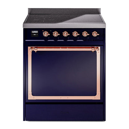 ILVE Nostalgie II 30-Inch Induction Range with 4 Induction Elements, 3.5 cu. ft. Oven, Midnight Blue with Copper Trim, Solid Door, UNI304QNMPMBP