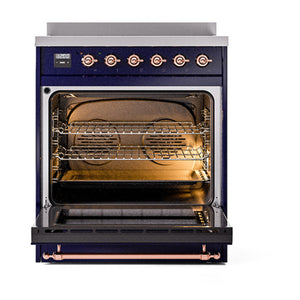 ILVE Nostalgie II 30-Inch Induction Range with 4 Induction Elements, 3.5 cu. ft. Oven, Midnight Blue with Copper Trim, Solid Door, UNI304QNMPMBP
