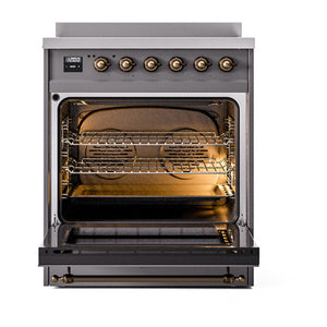 ILVE Nostalgie II 30-Inch Induction Range with 4 Induction Elements, 3.5 cu. ft. Oven, Graphite Matte with Burnished Trim, Solid Door, UNI304QNMPMGB