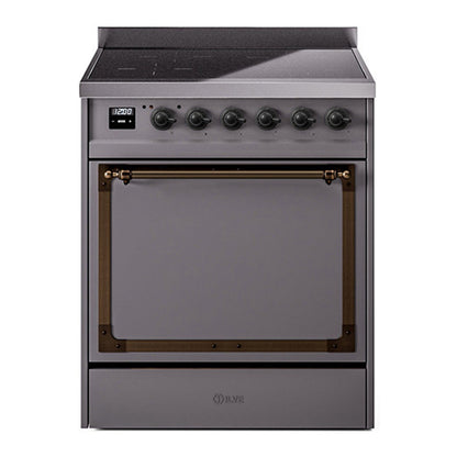 ILVE Nostalgie II 30-Inch Induction Range with 4 Induction Elements, 3.5 cu. ft. Oven, Graphite Matte with Burnished Trim, Solid Door, UNI304QNMPMGB