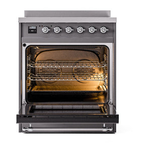 ILVE Nostalgie II 30-Inch Induction Range with 4 Induction Elements, 3.5 cu. ft. Oven, Graphite Matte with Chrome Trim, Solid Door, UNI304QNMPMGC