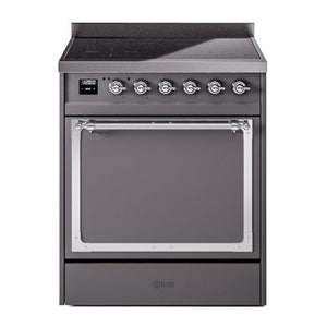 ILVE Nostalgie II 30-Inch Induction Range with 4 Induction Elements, 3.5 cu. ft. Oven, Graphite Matte with Chrome Trim, Solid Door, UNI304QNMPMGC
