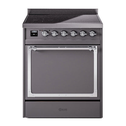 ILVE Nostalgie II 30-Inch Induction Range with 4 Induction Elements, 3.5 cu. ft. Oven, Graphite Matte with Chrome Trim, Solid Door, UNI304QNMPMGC