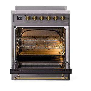 ILVE Nostalgie II 30-Inch Induction Range with 4 Induction Elements, 3.5 cu. ft. Oven, Graphite Matte with Brass Trim, Solid Door, UNI304QNMPMGG