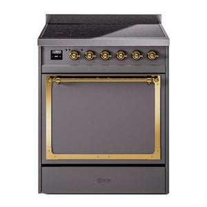 ILVE Nostalgie II 30-Inch Induction Range with 4 Induction Elements, 3.5 cu. ft. Oven, Graphite Matte with Brass Trim, Solid Door, UNI304QNMPMGG