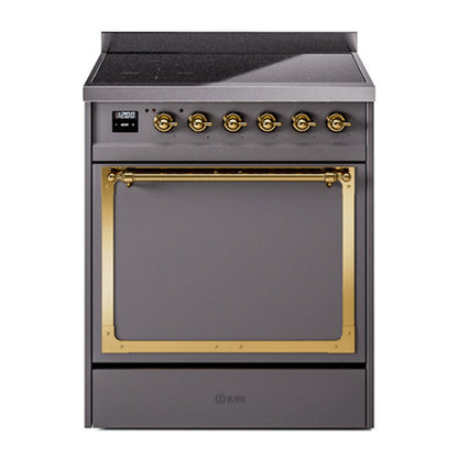 ILVE Nostalgie II 30-Inch Induction Range with 4 Induction Elements, 3.5 cu. ft. Oven, Graphite Matte with Brass Trim, Solid Door, UNI304QNMPMGG