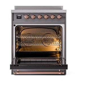 ILVE Nostalgie II 30-Inch Induction Range with 4 Induction Elements, 3.5 cu. ft. Oven, Graphite Matte with Copper Trim, Solid Door, UNI304QNMPMGP