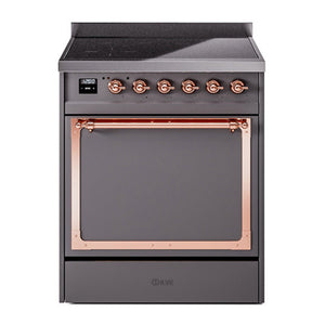ILVE Nostalgie II 30-Inch Induction Range with 4 Induction Elements, 3.5 cu. ft. Oven, Graphite Matte with Copper Trim, Solid Door, UNI304QNMPMGP