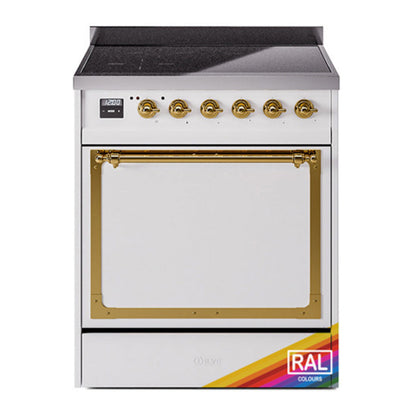 ILVE Nostalgie II 30-Inch Induction Range with 4 Induction Elements, 3.5 cu. ft. Oven, RAL with Brass Trim, Solid Door, UNI304QNMPRAG