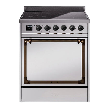 ILVE Nostalgie II 30-Inch Induction Range with 4 Induction Elements, 3.5 cu. ft. Oven, Stainless Steel with Burnished Trim, Solid Door, UNI304QNMPSSB