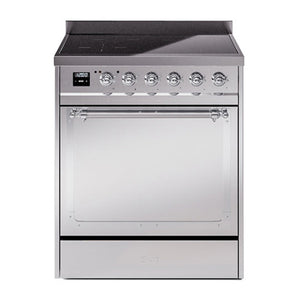 ILVE Nostalgie II 30-Inch Induction Range with 4 Induction Elements, 3.5 cu. ft. Oven, Stainless Steel with Chrome Trim, Solid Door, UNI304QNMPSSC