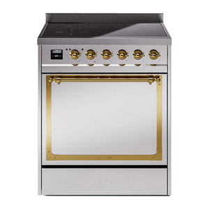 ILVE Nostalgie II 30-Inch Induction Range with 4 Induction Elements, 3.5 cu. ft. Oven, Stainless Steel with Brass Trim, Solid Door, UNI304QNMPSSG