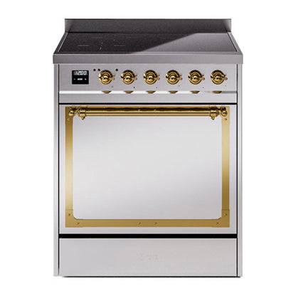 ILVE Nostalgie II 30-Inch Induction Range with 4 Induction Elements, 3.5 cu. ft. Oven, Stainless Steel with Brass Trim, Solid Door, UNI304QNMPSSG