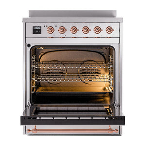 ILVE Nostalgie II 30-Inch Induction Range with 4 Induction Elements, 3.5 cu. ft. Oven, Stainless Steel with Copper Trim, Solid Door, UNI304QNMPSSP