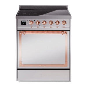 ILVE Nostalgie II 30-Inch Induction Range with 4 Induction Elements, 3.5 cu. ft. Oven, Stainless Steel with Copper Trim, Solid Door, UNI304QNMPSSP