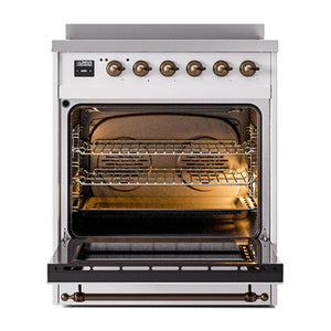 ILVE Nostalgie II 30-Inch Induction Range with 4 Induction Elements, 3.5 cu. ft. Oven, White with Burnished Trim, Solid Door, UNI304QNMPWHB