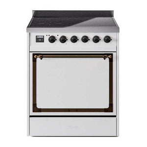 ILVE Nostalgie II 30-Inch Induction Range with 4 Induction Elements, 3.5 cu. ft. Oven, White with Burnished Trim, Solid Door, UNI304QNMPWHB