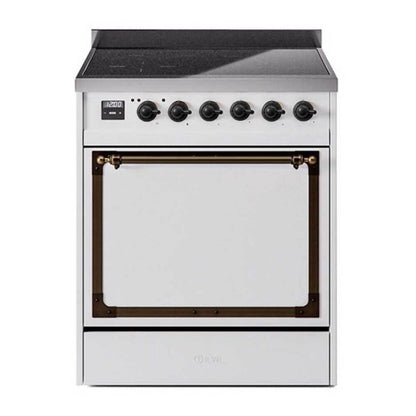 ILVE Nostalgie II 30-Inch Induction Range with 4 Induction Elements, 3.5 cu. ft. Oven, White with Burnished Trim, Solid Door, UNI304QNMPWHB