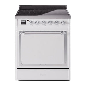 ILVE Nostalgie II 30-Inch Induction Range with 4 Induction Elements, 3.5 cu. ft. Oven, White with Chrome Trim, Solid Door, UNI304QNMPWHC