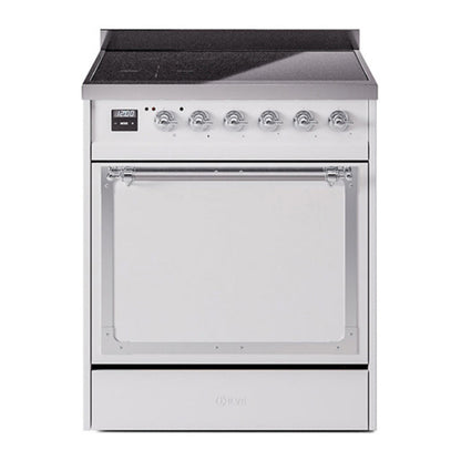 ILVE Nostalgie II 30-Inch Induction Range with 4 Induction Elements, 3.5 cu. ft. Oven, White with Chrome Trim, Solid Door, UNI304QNMPWHC