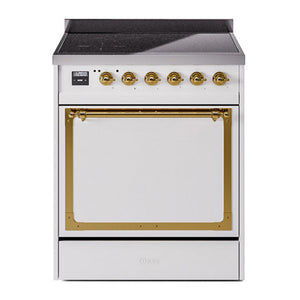 ILVE Nostalgie II 30-Inch Induction Range with 4 Induction Elements, 3.5 cu. ft. Oven, White with Brass Trim, Solid Door, UNI304QNMPWHG