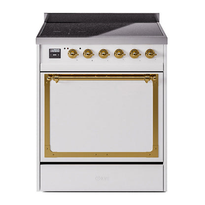 ILVE Nostalgie II 30-Inch Induction Range with 4 Induction Elements, 3.5 cu. ft. Oven, White with Brass Trim, Solid Door, UNI304QNMPWHG