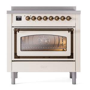 ILVE Nostalgie II 36-Inch Induction Range with 6 Induction Elements, 3.5 cu. ft. Oven, Antique White with Burnished Trim, Triple Glass Door, UNI366NMPAWB