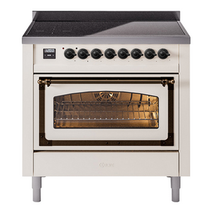ILVE Nostalgie II 36-Inch Induction Range with 6 Induction Elements, 3.5 cu. ft. Oven, Antique White with Burnished Trim, Triple Glass Door, UNI366NMPAWB
