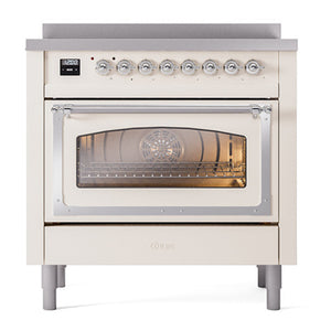 ILVE Nostalgie II 36-Inch Induction Range with 6 Induction Elements, 3.5 cu. ft. Oven, Antique White with Chrome Trim, Triple Glass Door, UNI366NMPAWC