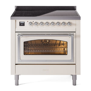 ILVE Nostalgie II 36-Inch Induction Range with 6 Induction Elements, 3.5 cu. ft. Oven, Antique White with Chrome Trim, Triple Glass Door, UNI366NMPAWC