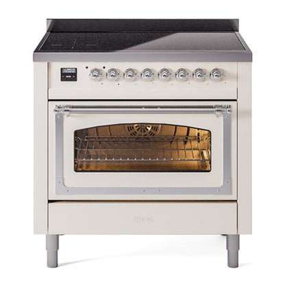ILVE Nostalgie II 36-Inch Induction Range with 6 Induction Elements, 3.5 cu. ft. Oven, Antique White with Chrome Trim, Triple Glass Door, UNI366NMPAWC