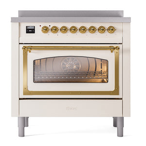 ILVE Nostalgie II 36-Inch Induction Range with 6 Induction Elements, 3.5 cu. ft. Oven, Antique White with Brass Trim, Triple Glass Door, UNI366NMPAWG