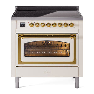 ILVE Nostalgie II 36-Inch Induction Range with 6 Induction Elements, 3.5 cu. ft. Oven, Antique White with Brass Trim, Triple Glass Door, UNI366NMPAWG