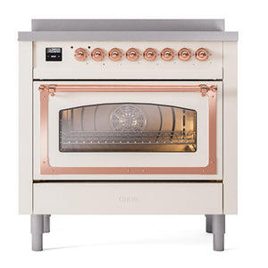 ILVE Nostalgie II 36-Inch Induction Range with 6 Induction Elements, 3.5 cu. ft. Oven, Antique White with Copper Trim, Triple Glass Door, UNI366NMPAWP