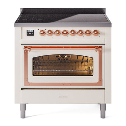 ILVE Nostalgie II 36-Inch Induction Range with 6 Induction Elements, 3.5 cu. ft. Oven, Antique White with Copper Trim, Triple Glass Door, UNI366NMPAWP