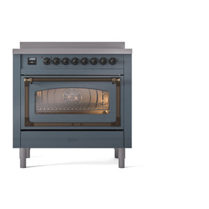 ILVE Nostalgie II 36-Inch Induction Range with 6 Induction Elements, 3.5 cu. ft. Oven, Blue Grey with Burnished Trim, Triple Glass Door, UNI366NMPBGB